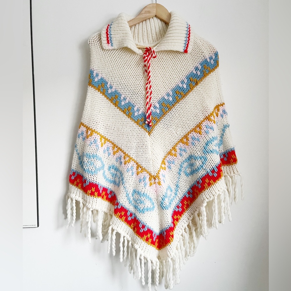 Vintage Colourful Patterned Collared Poncho - One Size